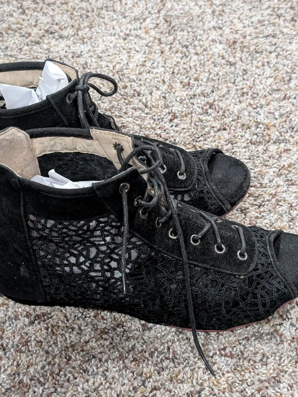 Black Lace Peep-Toe Lace-Up Ankle Boots
